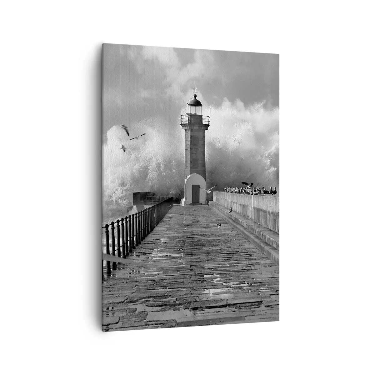 Obraz na płótnie - Latarnia morska otoczona przez fale podczas sztormu - 70x100cm - Nieustraszona  - Nowoczesna dekoracja ścienna do salonu i sypialni ARTTOR