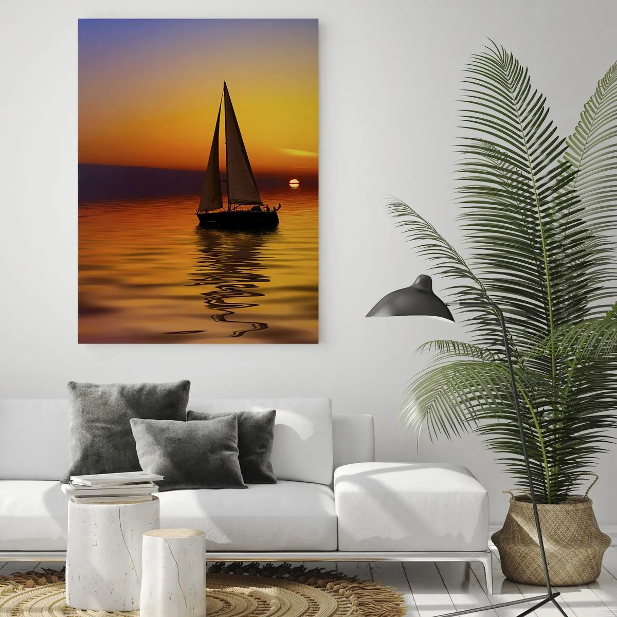 Obraz na szkle - Żaglówka na wodzie o zachodzie słońca - 50x70cm - Jak tu cicho o zmierzchu… - Nowoczesna dekoracja ścienna do salonu, kuchni i sypialni ARTTOR