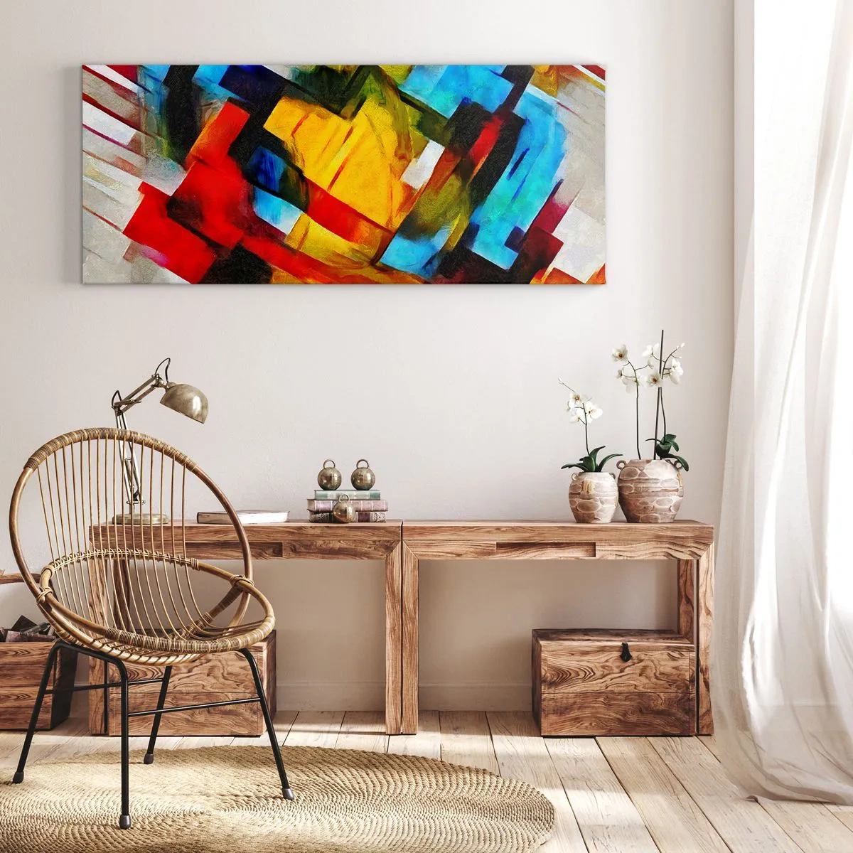 Obraz na płótnie - Abstrakcyjna kompozycja geometryczna w żywych kolorach - 120x50cm - Różnobarwny przekładaniec - Nowoczesna dekoracja ścienna do salonu i sypialni ARTTOR