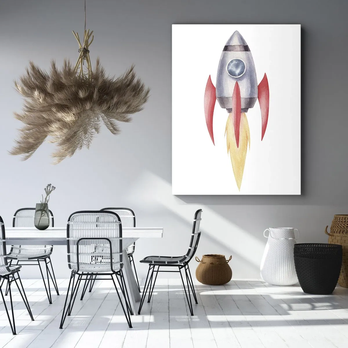Obraz na płótnie - Akwarelowa rakieta kosmiczna z czerwonymi skrzydłami i płomieniem - 50x70cm - Wyżej, prędzej, dalej - Nowoczesna dekoracja ścienna do salonu, kuchni i sypialni ARTTOR