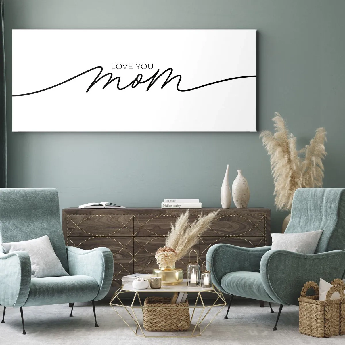 Obraz na płótnie - Minimalistyczny napis Love You Mom na białym tle - 160x50cm - Wielkie wzruszenie - Nowoczesna dekoracja ścienna do salonu i sypialni ARTTOR
