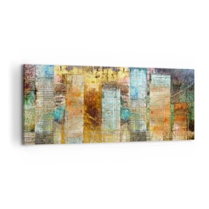 Obraz na płótnie - Abstrakcyjne wieżowce w industrialnej stylistyce - 120x50cm - Słoneczna metropolia - Nowoczesna dekoracja ścienna do salonu i sypialni ARTTOR