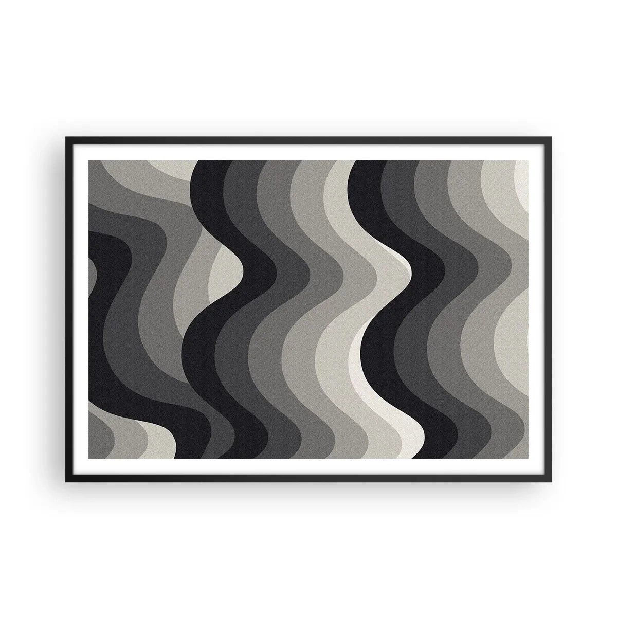 Plakat w czarnej ramie - Czarno-białe faliste wzory w odcieniach szarości - 100x70cm - Fala za falą - Nowoczesna dekoracja ścienna do salonu i sypialni ARTTOR