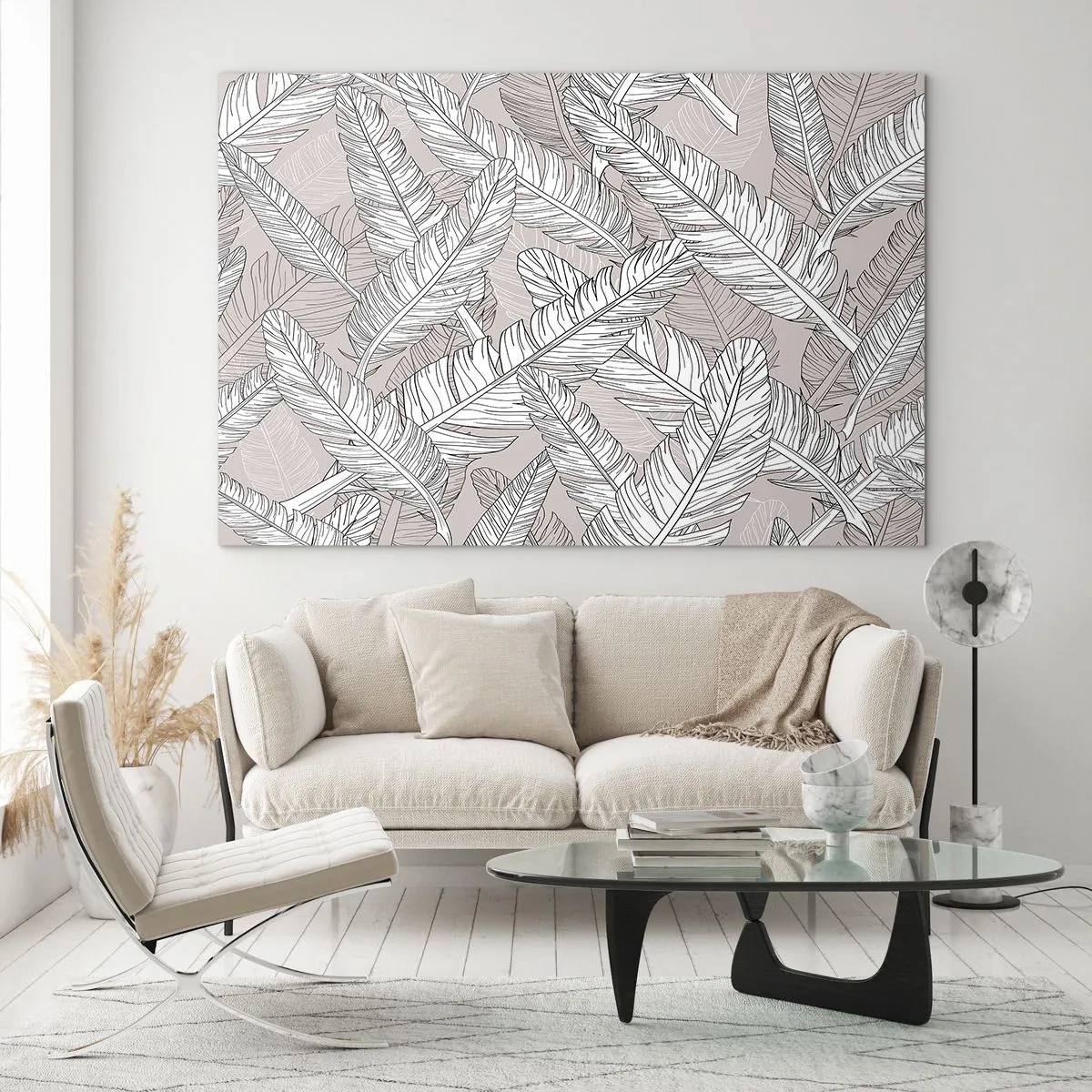 Obraz na szkle - Czarno-białe liście na beżowym tle w stylu graficznym - 120x80cm - Pierzasta zawierucha - Nowoczesna dekoracja ścienna do salonu, kuchni i sypialni ARTTOR