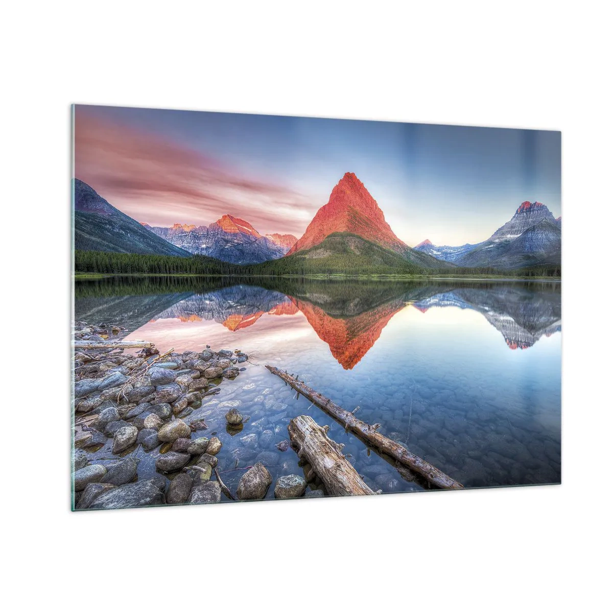 Obraz na szkle - Górski szczyt odbijający się w spokojnym jeziorze - 100x70cm - Żar i chłód - Nowoczesna dekoracja ścienna do salonu, kuchni i sypialni ARTTOR