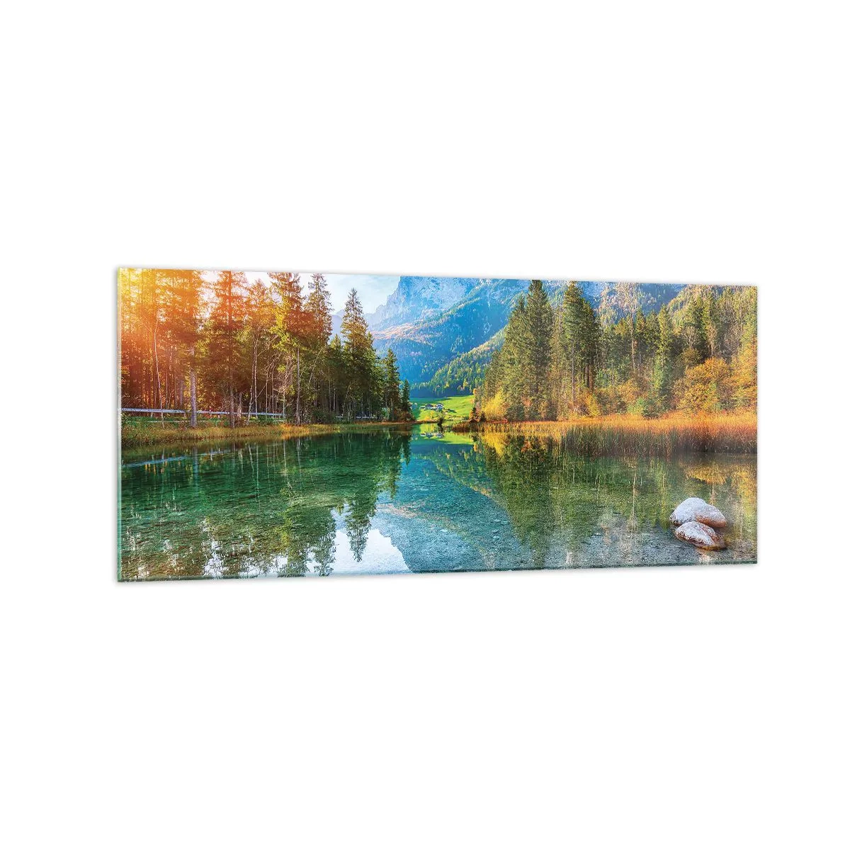 Obraz na szkle - Malownicze jezioro w otoczeniu gór i lasów - 120x50cm - Łagodność jesieni - Nowoczesna dekoracja ścienna do salonu i sypialni ARTTOR