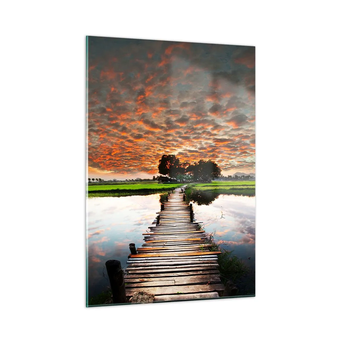 Obraz na szkle - Drewniany mostek nad rzeką przy zachodzie słońca - 50x70cm - Rozłóż ramiona - oddychaj  - Nowoczesna dekoracja ścienna do salonu, kuchni i sypialni ARTTOR