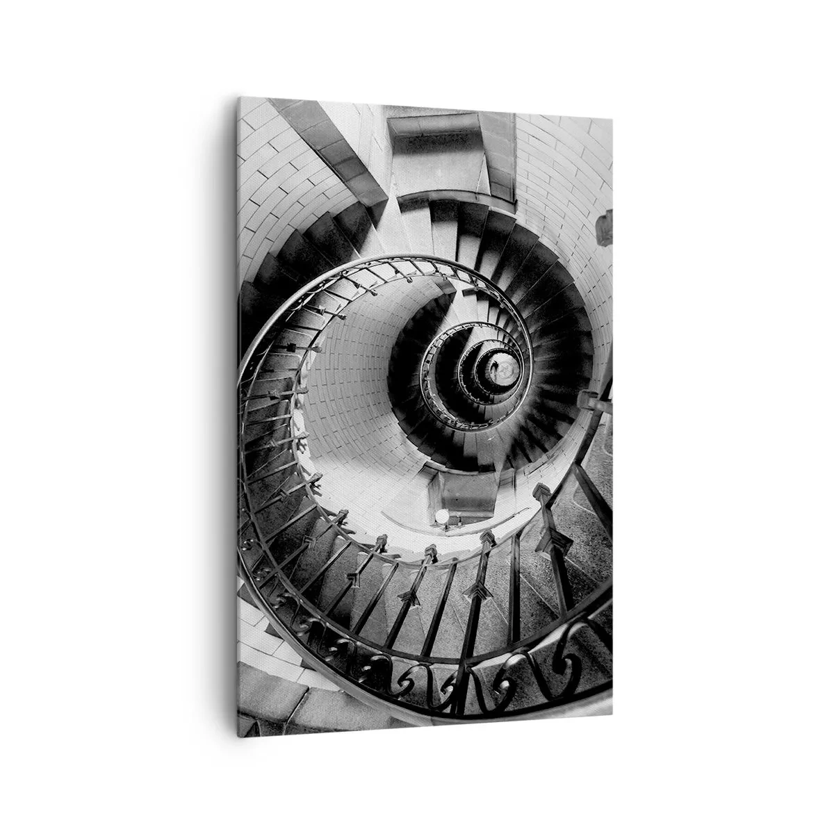 Obraz na płótnie - Czarno-biała fotografia spiralnych schodów z perspektywą z góry - 80x120cm - Wyżej i wyżej - Nowoczesna dekoracja ścienna do salonu i sypialni ARTTOR