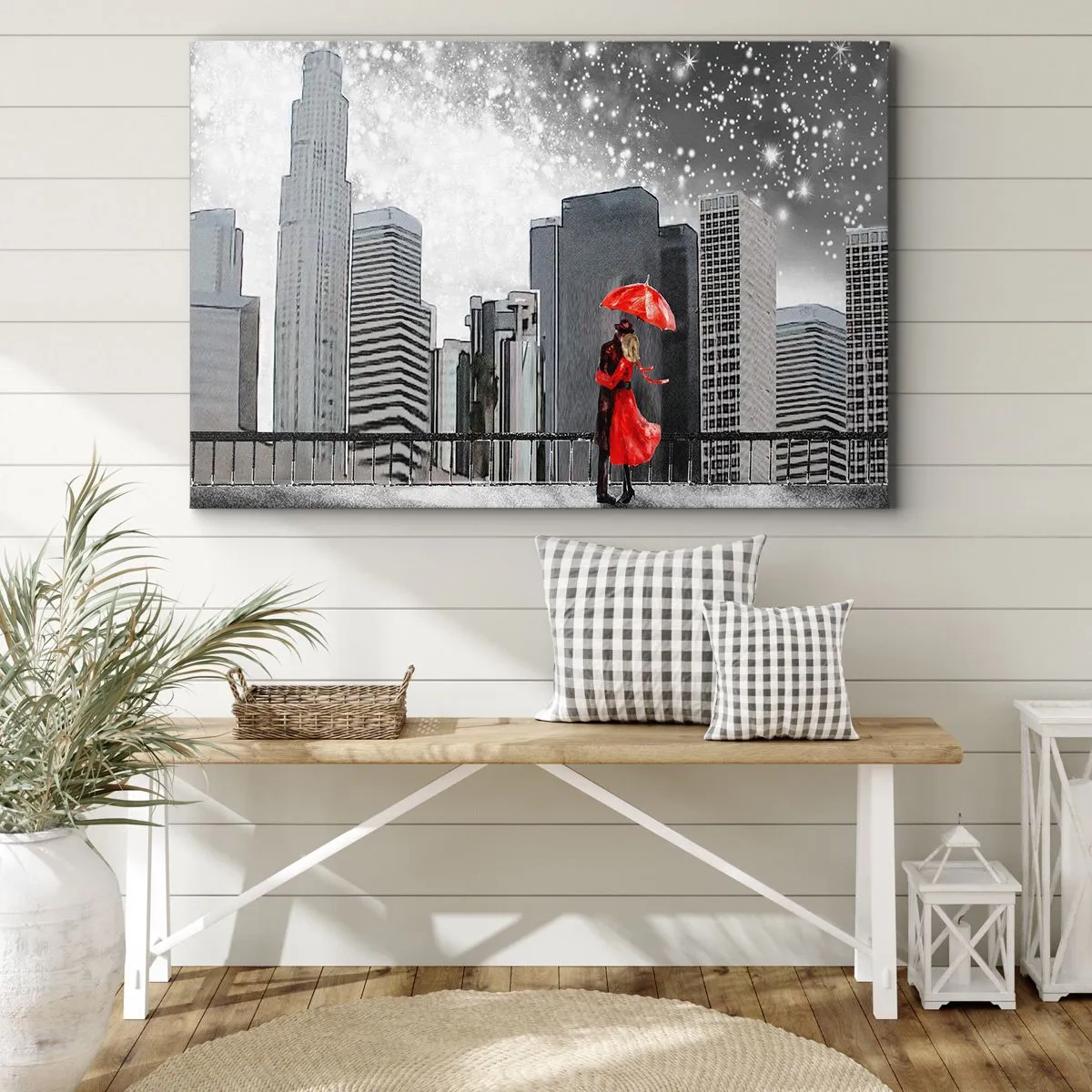 Obraz na płótnie - Para w czerwieni z parasolem na tle miejskiego krajobrazu - 70x50cm - Człowiek nie kamień - Nowoczesna dekoracja ścienna do salonu i sypialni ARTTOR