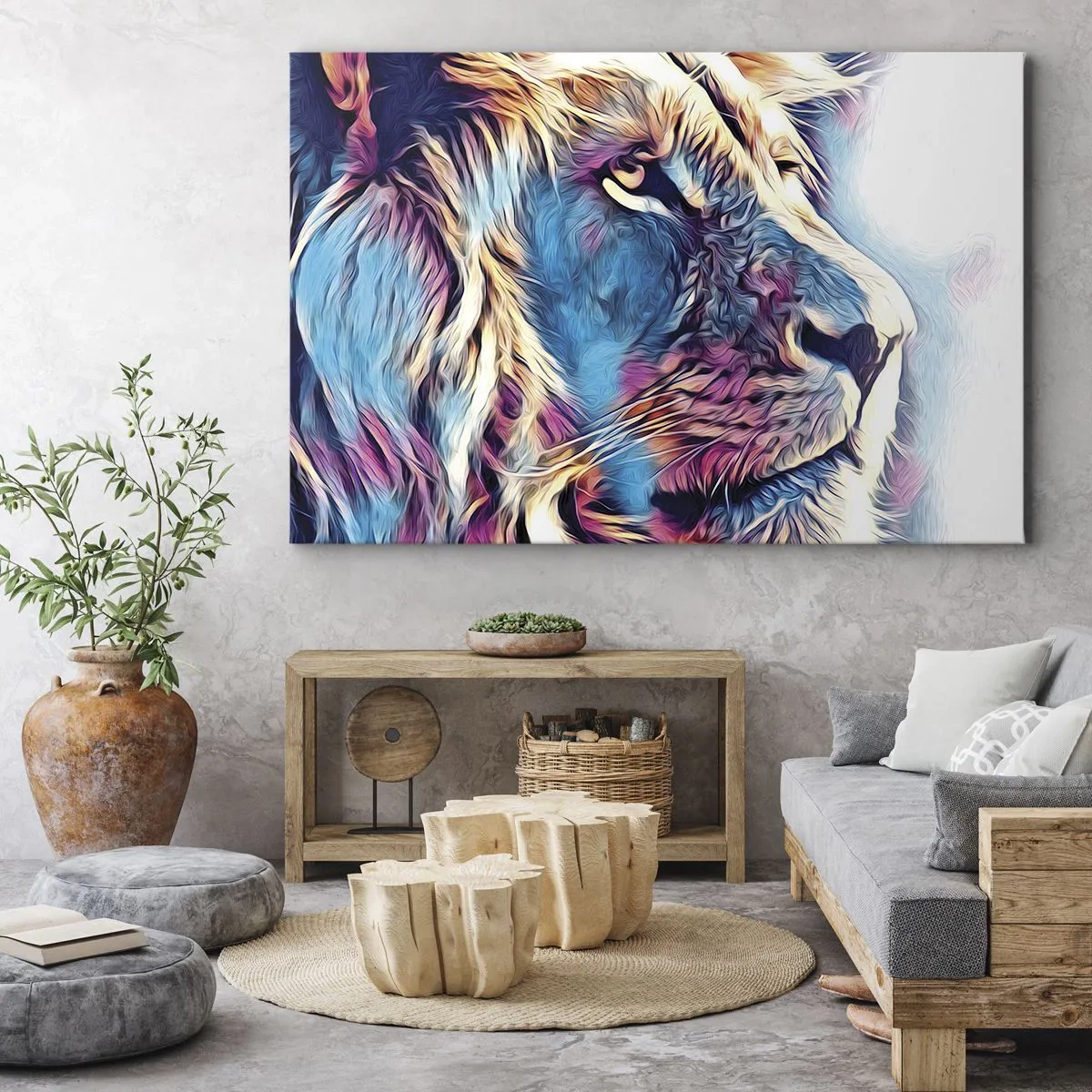Obraz na płótnie - Portret lwa w żywych, abstrakcyjnych kolorach - 70x50cm - Mądrość natury - Nowoczesna dekoracja ścienna do salonu i sypialni ARTTOR