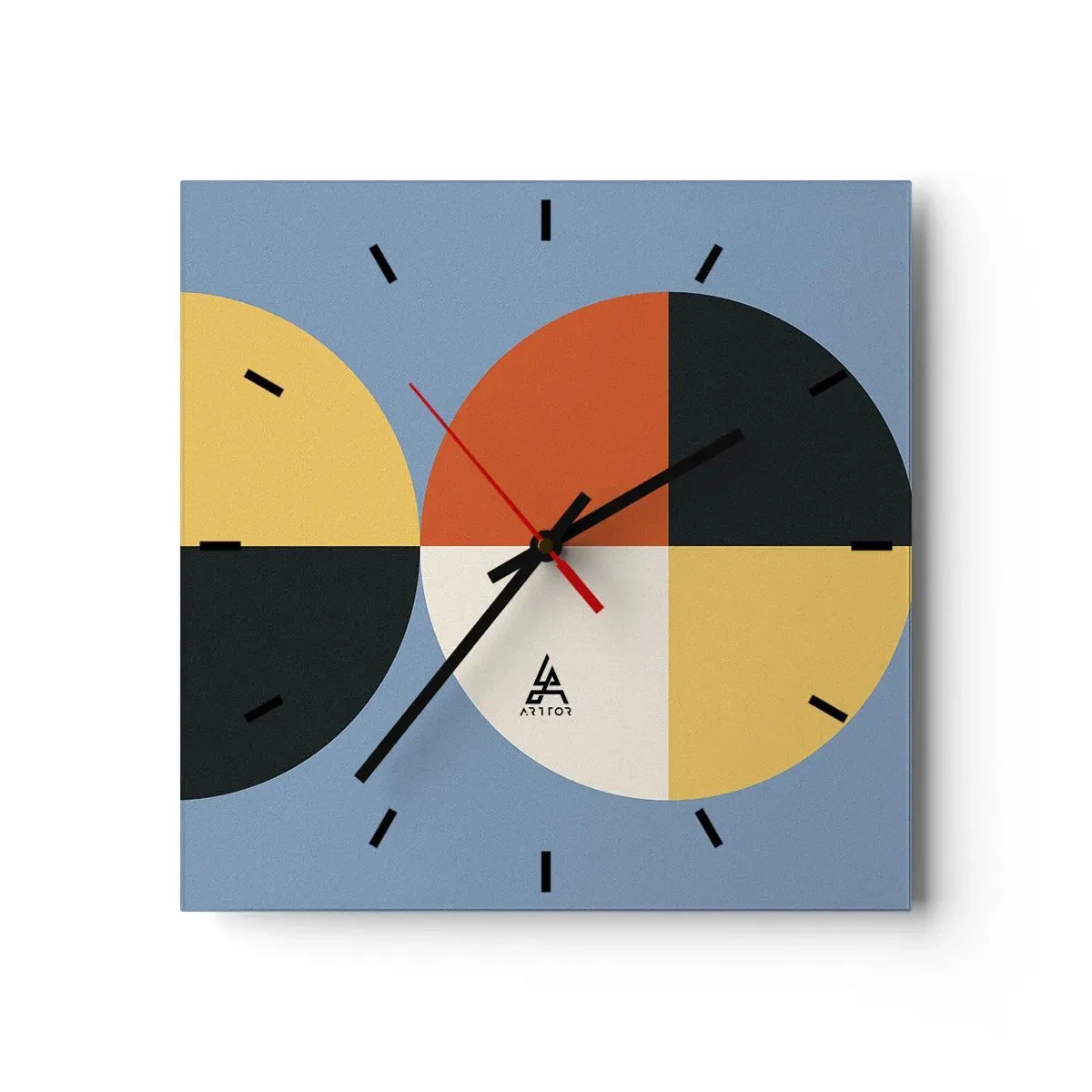 Zegar ścienny - Geometryczne koła na błękitnym tle - 30x30cm - Patrz i licz - Nowoczesna dekoracja ścienna do salonu i sypialni ARTTOR