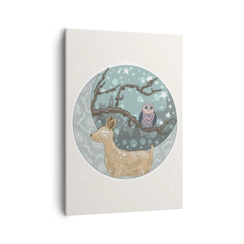 Obraz na płótnie - Urocza ilustracja jelenia i sowy w nocnym lesie - 50x70cm - Bajkowa, leśna noc - Nowoczesna dekoracja ścienna do salonu, kuchni i sypialni ARTTOR