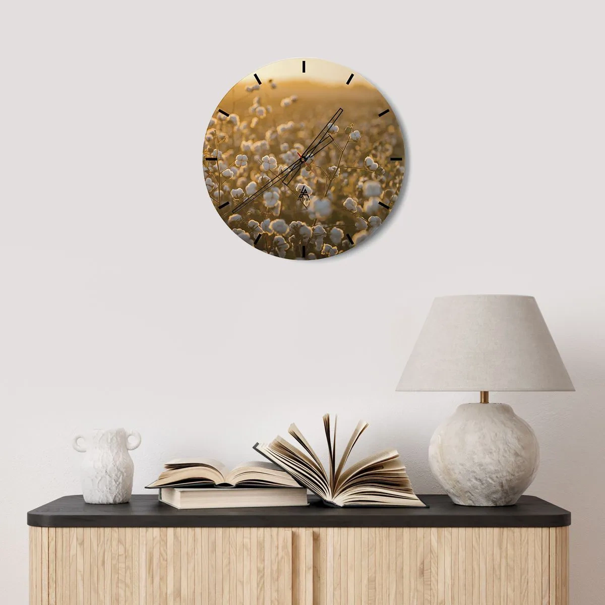 Zegar ścienny - Pole bawełny o zachodzie słońca w ciepłych barwach - 30x30cm - Puszyste pole - Nowoczesna dekoracja ścienna do salonu, kuchni i sypialni ARTTOR