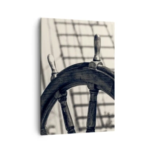 Obraz na płótnie - Czarno-białe ster statku na tle żagli - 50x70cm - Morskie opowieści - Nowoczesna dekoracja ścienna do salonu, kuchni i sypialni ARTTOR