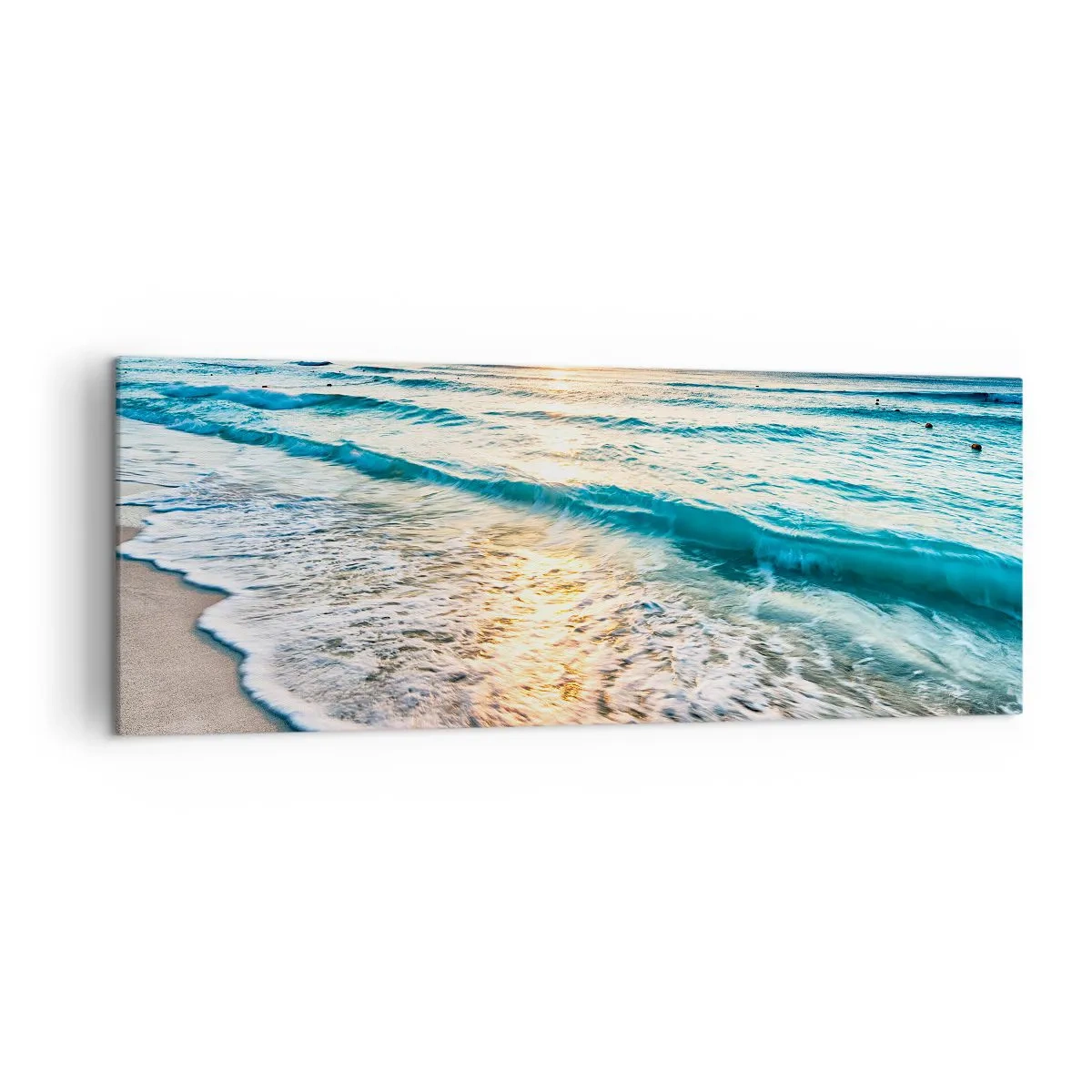 Obraz na płótnie - Wschód słońca nad spokojną plażą z falami - 140x50cm - Widok wart zachodu - Nowoczesna dekoracja ścienna do salonu i sypialni ARTTOR