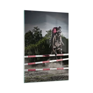 Obraz na szkle - Jeździec na koniu przeskakujący przez przeszkodę na torze wyścigowym - 70x100cm - Razem po zwycięstwo - Nowoczesna dekoracja ścienna do salonu i sypialni ARTTOR