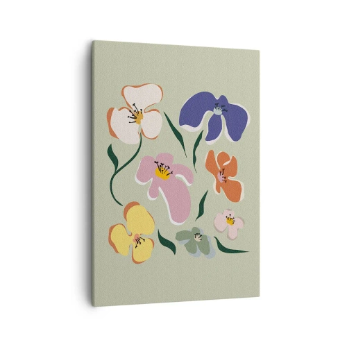 Obraz na płótnie - Kolorowe kwiaty na zielonym tle w stylu nowoczesnym - 50x70cm - Bratki za pan brat - Nowoczesna dekoracja ścienna do salonu, kuchni i sypialni ARTTOR