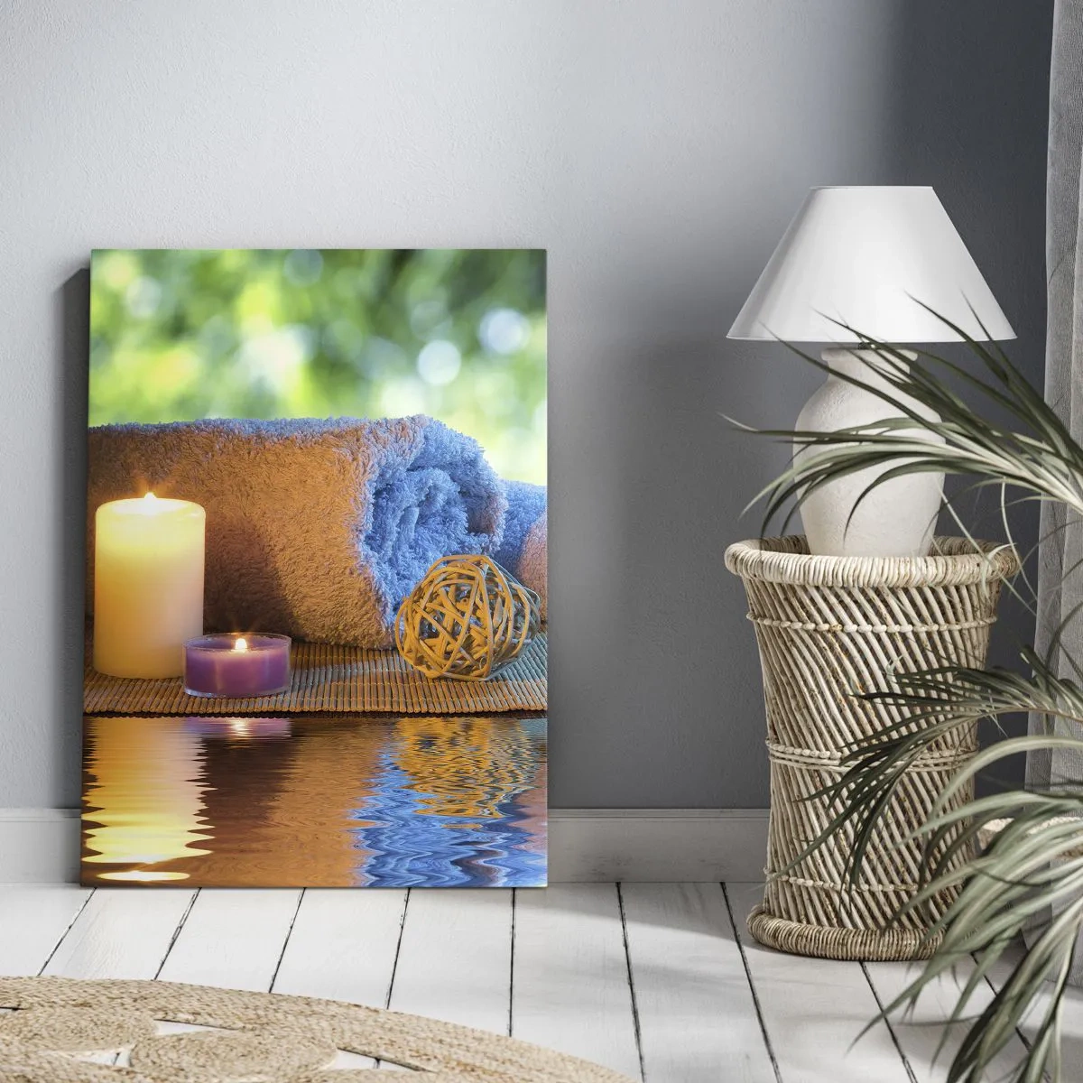 Obraz na płótnie - Świeczki, ręczniki i naturalne akcesoria w tle - 50x70cm - Czas dla ciała - Nowoczesna dekoracja ścienna do salonu, kuchni i sypialni ARTTOR