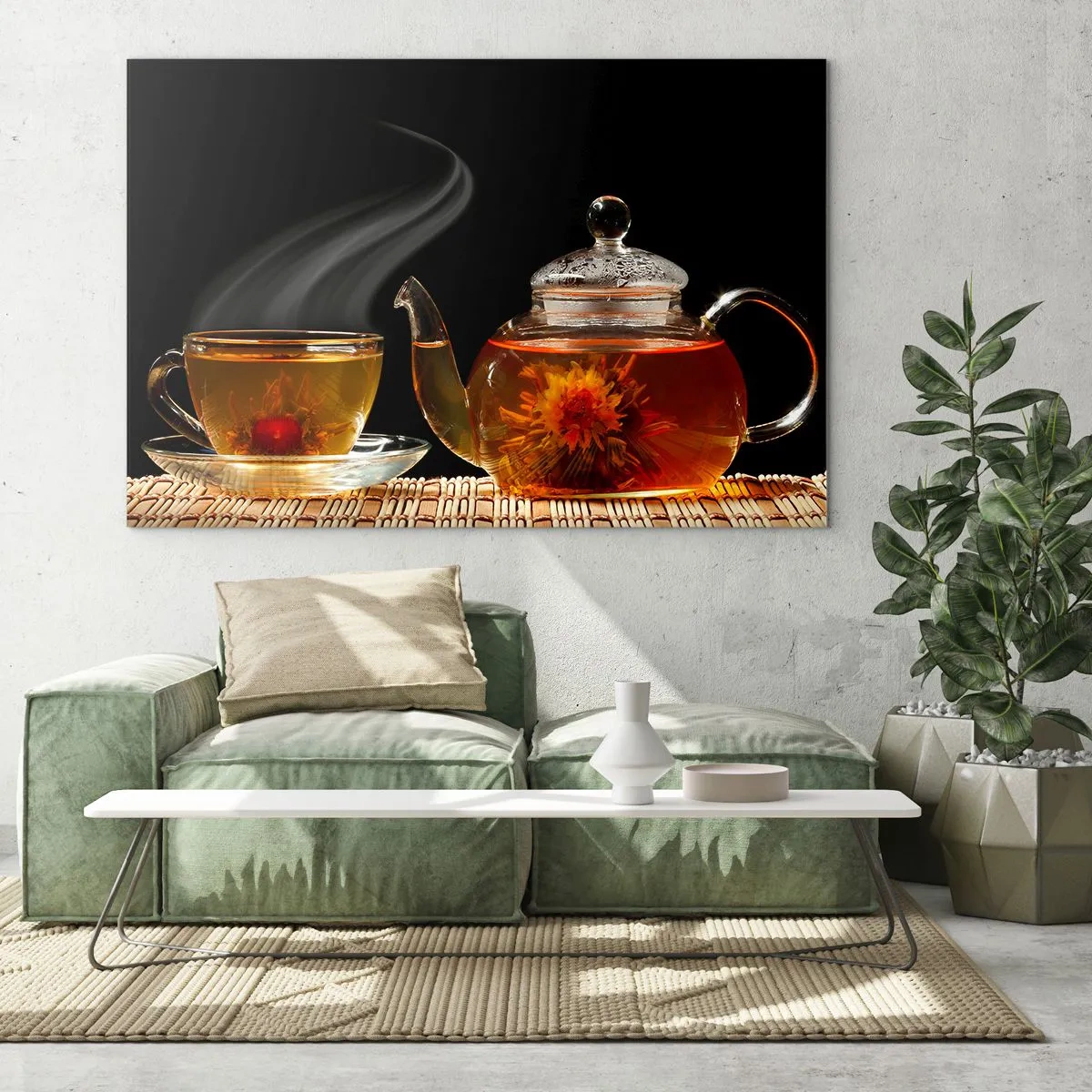 Obraz na szkle - Szklany dzbanek i filiżanka herbaty z kwiatem na czarnym tle - 120x80cm - Magia i sztuka parzenia herbaty - Nowoczesna dekoracja ścienna do salonu, kuchni i sypialni ARTTOR
