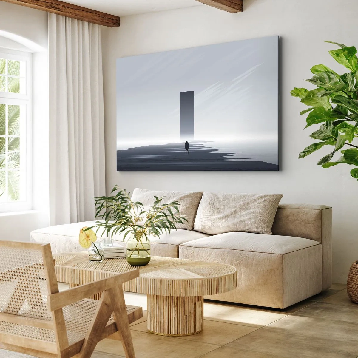 Obraz na płótnie - Minimalistyczny pejzaż z sylwetką przy prostokątnym monolicie - 70x50cm - Szansa czy zagrożenie? - Nowoczesna dekoracja ścienna do salonu i sypialni ARTTOR