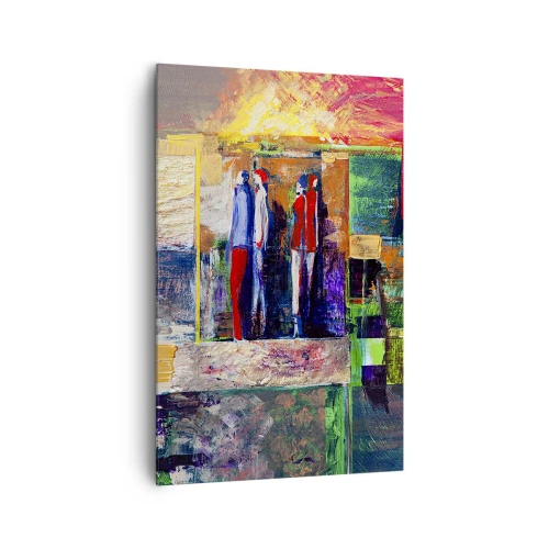 Obraz na płótnie - Abstrakcyjna kompozycja z postaciami i geometrycznymi wzorami - 80x120cm - Relacje i emocje - Nowoczesna dekoracja ścienna do salonu i sypialni ARTTOR