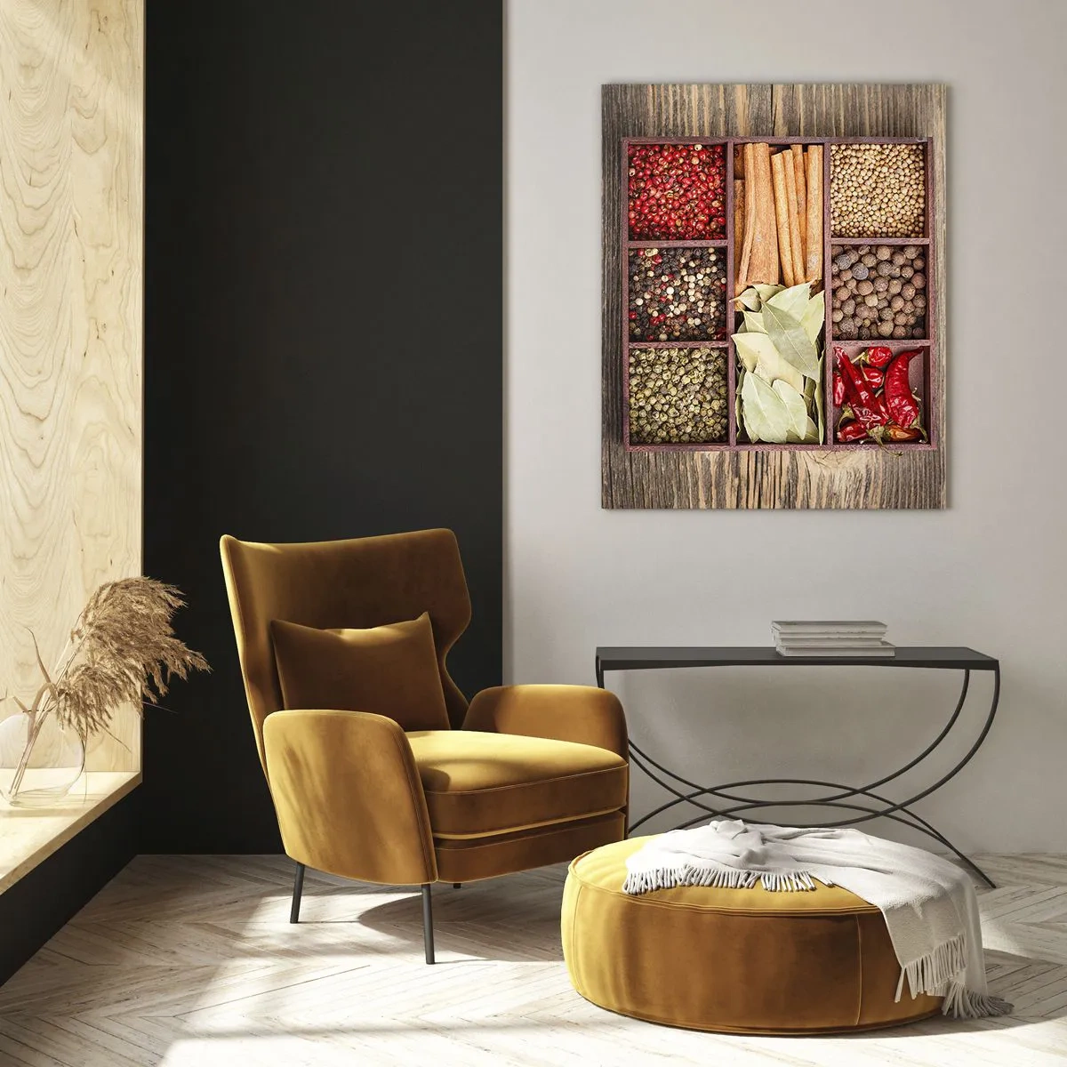 Obraz na szkle - Kolorowe przyprawy w drewnianych przegródkach - 50x70cm - Porządek kształtów, bukiet aromatów - Nowoczesna dekoracja ścienna do salonu, kuchni i sypialni ARTTOR