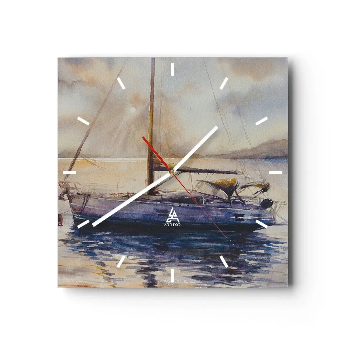 Zegar ścienny - Jacht na spokojnym morzu o zachodzie słońca - 30x30cm - Wieczór w zatoce - Nowoczesna dekoracja ścienna do salonu i sypialni ARTTOR