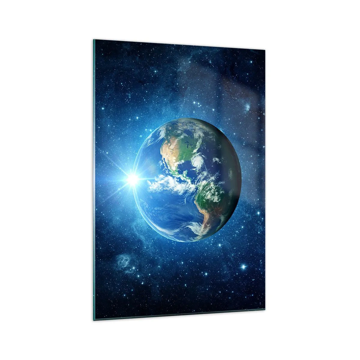Obraz na szkle - Ziemia w kosmosie otoczona gwiazdami i światłem - 70x100cm - Jesteśmy w niebie - Nowoczesna dekoracja ścienna do salonu i sypialni ARTTOR