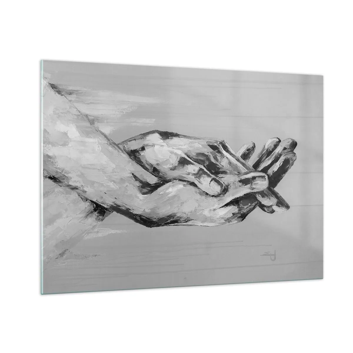 Obraz na szkle - Black and white painting of two hands reaching for each other - 100x70cm - Początek… - Nowoczesna dekoracja ścienna do salonu, kuchni i sypialni ARTTOR