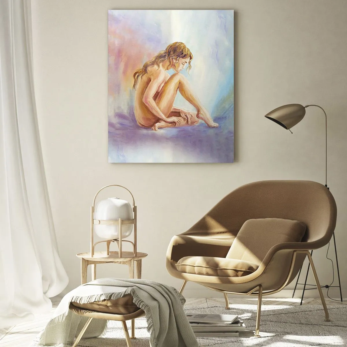 Obraz na szkle - Kobieta w subtelnej refleksji na tle pastelowych barw - 50x70cm - Akt młodości - Nowoczesna dekoracja ścienna do salonu, kuchni i sypialni ARTTOR