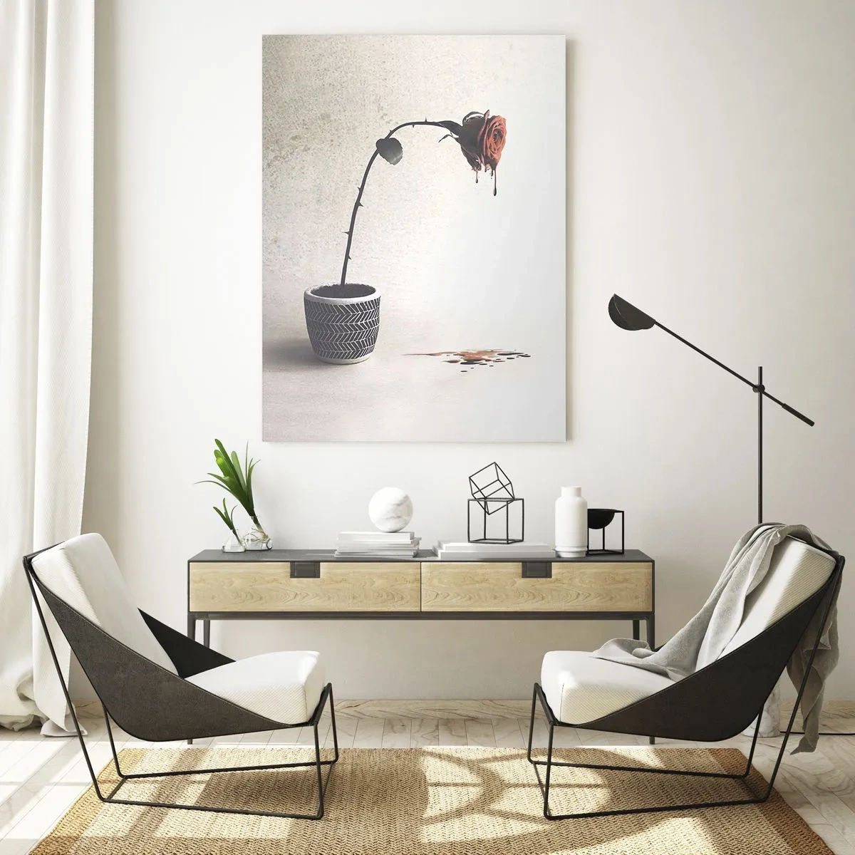 Obraz na szkle - Czerwona róża w doniczce z kroplami barwnika na białym tle - 70x100cm - Rosa dolorosa - Nowoczesna dekoracja ścienna do salonu i sypialni ARTTOR