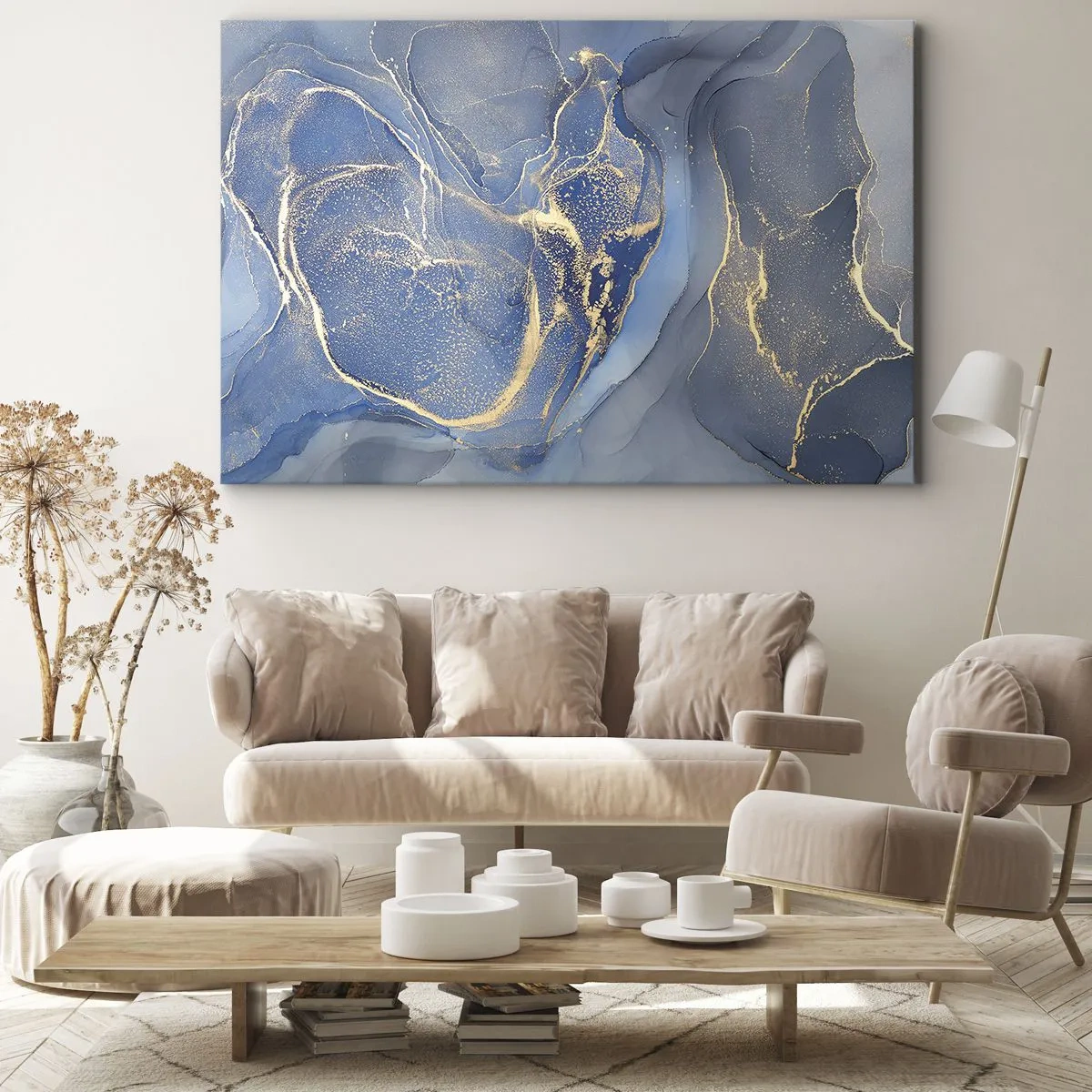 Obraz na płótnie - Abstrakcyjne niebieskie wzory ze złotymi akcentami - 70x50cm - Złoty pył - Nowoczesna dekoracja ścienna do salonu i sypialni ARTTOR