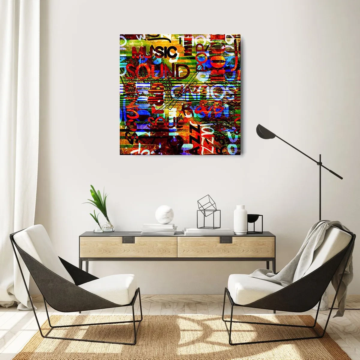 Zegar ścienny - Kolorowa abstrakcja z napisami muzycznymi w stylu pop-art - 30x30cm - Wszystkie barwy dźwięku - Nowoczesna dekoracja ścienna do salonu i sypialni ARTTOR