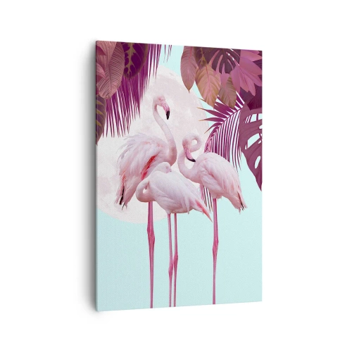 Obraz na płótnie - Różowe flamingi na tle księżyca i tropikalnych liści - 70x100cm - Trzy ptasie gracje - Nowoczesna dekoracja ścienna do salonu i sypialni ARTTOR