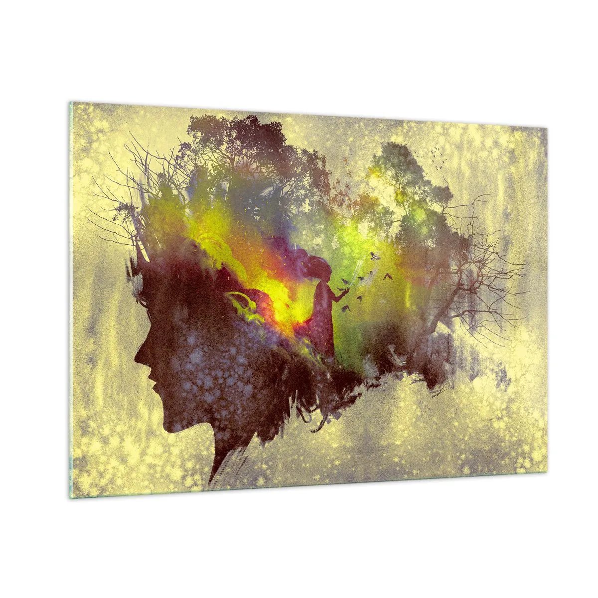 Obraz na szkle - Profil twarzy kobiety wypełniony naturą i kolorowymi efektami - 100x70cm - Matka Natura - Nowoczesna dekoracja ścienna do salonu, kuchni i sypialni ARTTOR