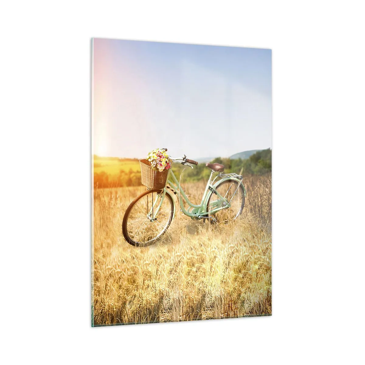 Obraz na szkle - Rower retro z kwiatami na tle natury - 50x70cm - Zostanę tu chwilę - Nowoczesna dekoracja ścienna do salonu, kuchni i sypialni ARTTOR