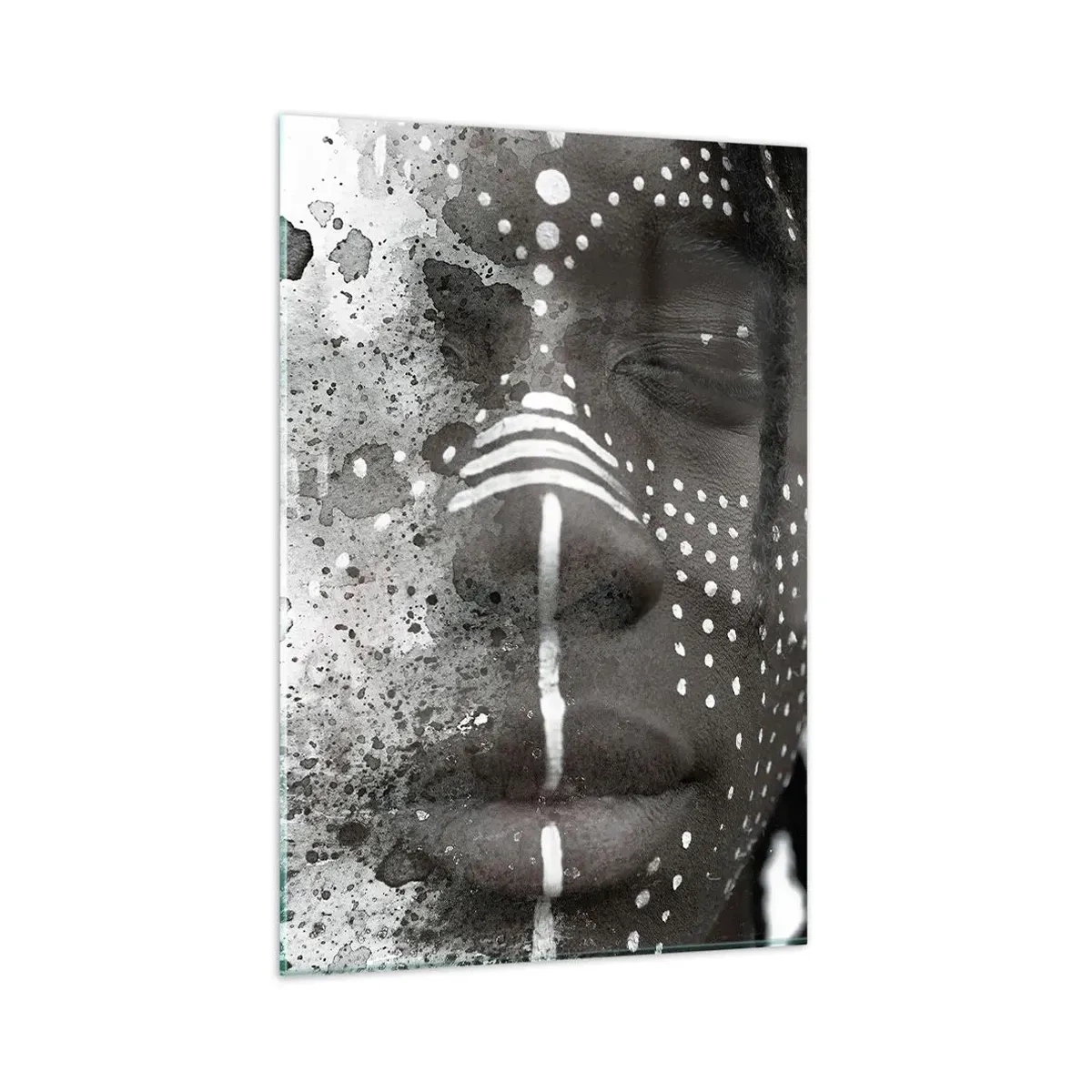 Obraz na szkle - Artystyczny portret twarzy z abstrakcyjnymi białymi wzorami - 80x120cm - Odkryj pierwotnego ducha - Nowoczesna dekoracja ścienna do salonu i sypialni ARTTOR