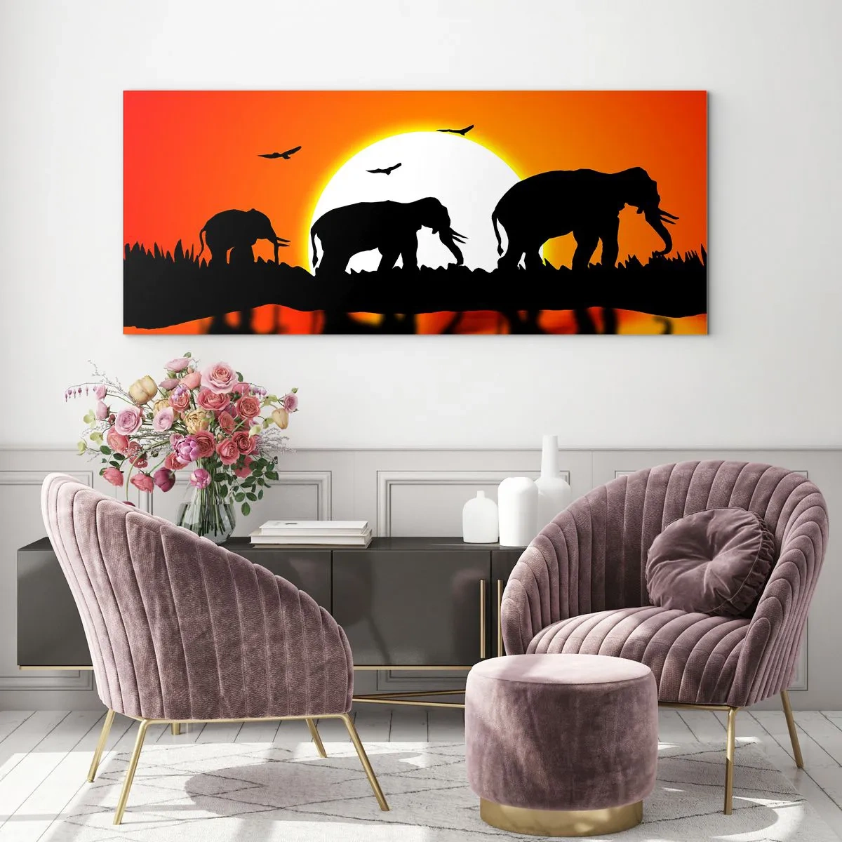 Obraz na szkle - Sylwetki słoni o zachodzie słońca nad wodą z odbiciem - 160x50cm - A wieczorem na małego drinka - Nowoczesna dekoracja ścienna do salonu i sypialni ARTTOR