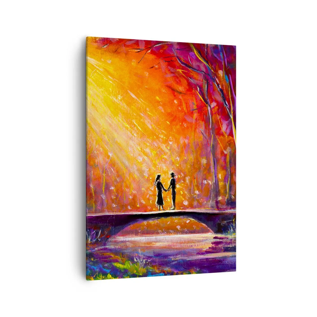 Obraz na płótnie - Romantyczna para na moście w jesiennym lesie - 70x100cm - Niebo ich też kocha - Nowoczesna dekoracja ścienna do salonu i sypialni ARTTOR