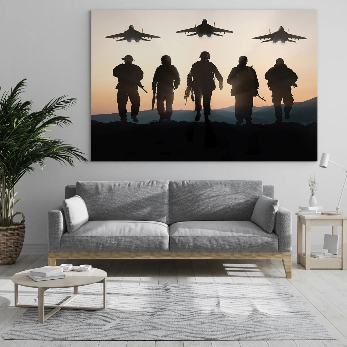 Obraz na szkle - Żołnierze na tle zachodzącego słońca i odrzutowce - 120x80cm - Witaj w naszym świecie - Nowoczesna dekoracja ścienna do salonu, kuchni i sypialni ARTTOR
