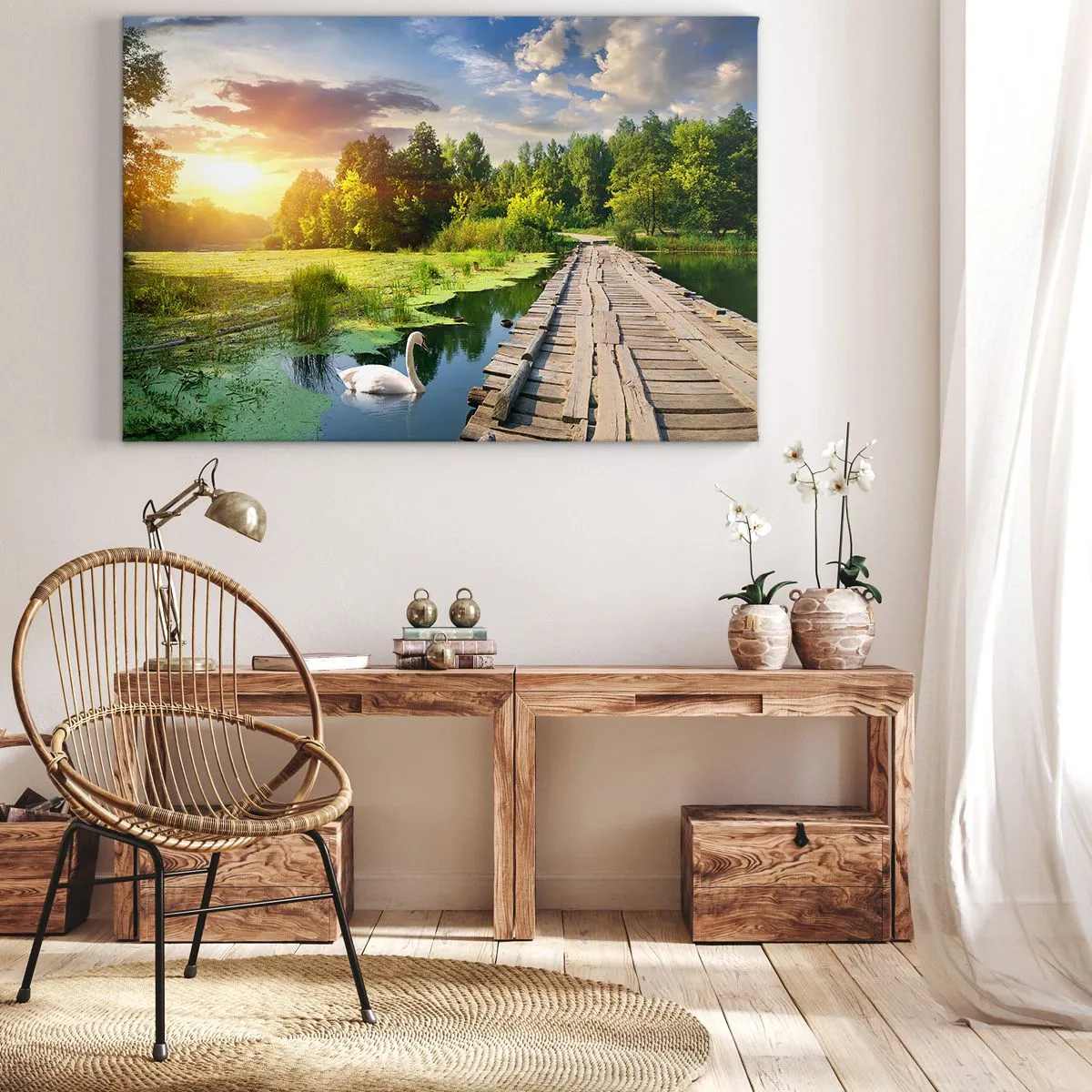Obraz na płótnie - Malowniczy krajobraz z mostkiem i łabędziem - 70x50cm - Lato, lato wszędzie - Nowoczesna dekoracja ścienna do salonu i sypialni ARTTOR