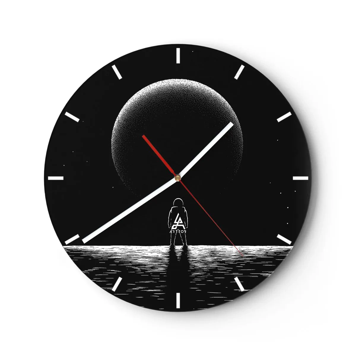 Zegar ścienny - Sylwetka astronauty przed dużą planetą na tle kosmosu - 30x30cm - Twarzą w twarz - Nowoczesna dekoracja ścienna do salonu, kuchni i sypialni ARTTOR