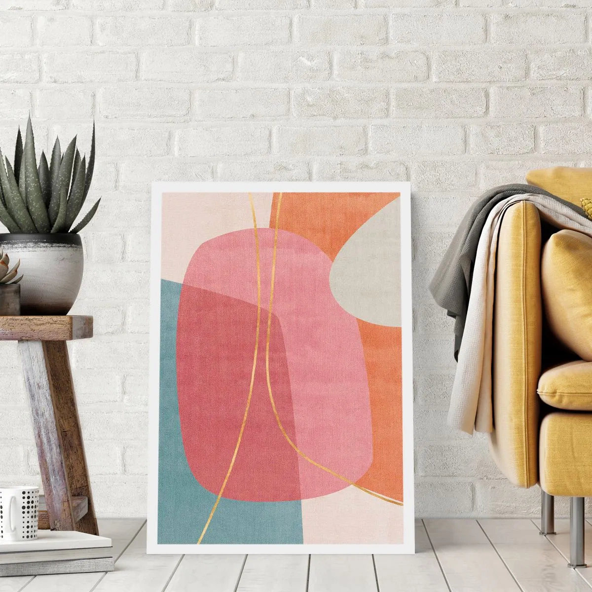 Plakat - Kolorowa abstrakcja z geometrycznymi kształtami i złotymi liniami - 50x70cm - Pastelowa kompozycja z nicią złota - Nowoczesna dekoracja ścienna do salonu, kuchni i sypialni ARTTOR