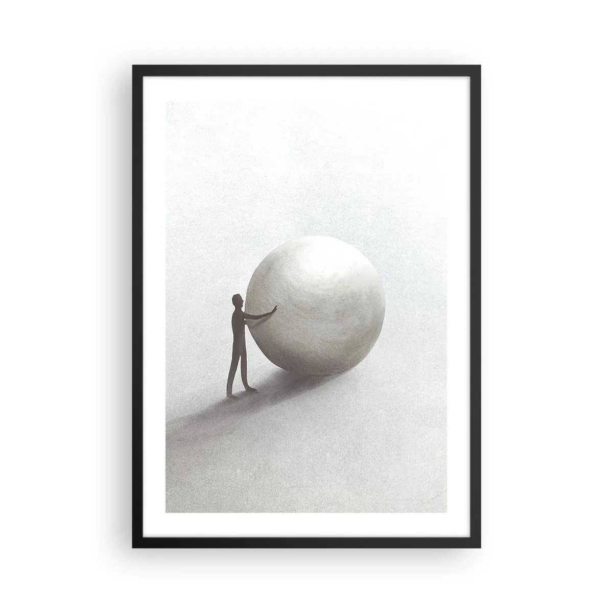 Plakat w czarnej ramie - Minimalistyczna postać z wielką kulą na neutralnym tle - 50x70cm - Gra życia - Nowoczesna dekoracja ścienna do salonu i sypialni ARTTOR