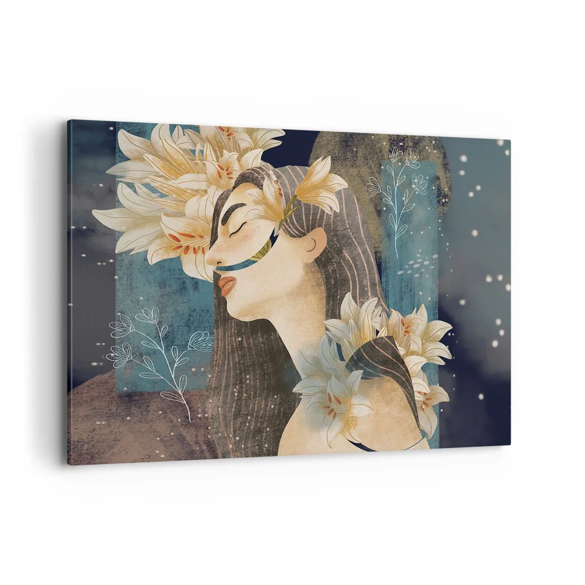 Obraz na płótnie - Portret kobiety z kwiatami w artystycznym stylu na ciemnym tle - 120x80cm - Baśń o królewnie z liliami - Nowoczesna dekoracja ścienna do salonu, kuchni i sypialni ARTTOR