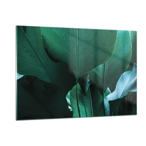 Obraz na szkle - Tropikalne liście w intensywnych odcieniach zieleni - 120x80cm - Zwrócone do światła - Nowoczesna dekoracja ścienna do salonu, kuchni i sypialni ARTTOR