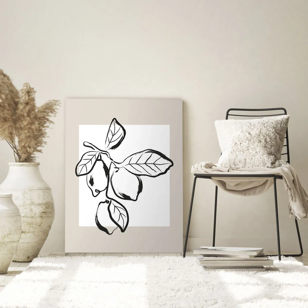 Obraz na szkle - Minimalistyczna ilustracja cytryn na gałązce w czerni i bieli - 80x120cm - Gdzie cytryna dojrzewa… - Nowoczesna dekoracja ścienna do salonu i sypialni ARTTOR