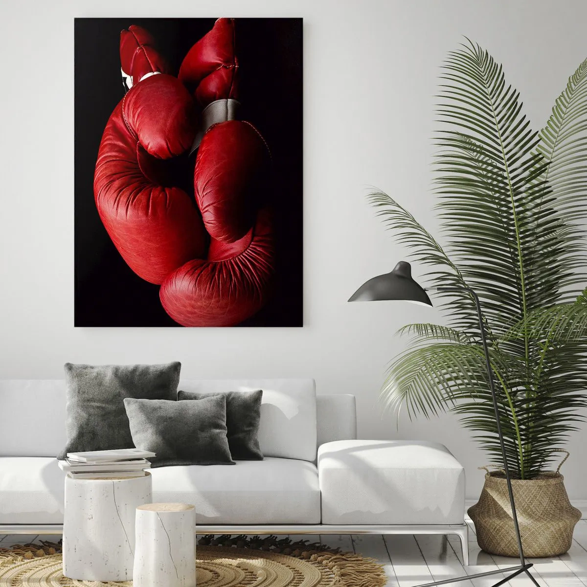 Obraz na szkle - Czerwone rękawice bokserskie na czarnym tle - 50x70cm - Emocje walki za nami - Nowoczesna dekoracja ścienna do salonu, kuchni i sypialni ARTTOR