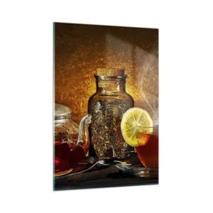 Obraz na szkle - Szklany imbryk i filiżanka herbaty z cytryną - 50x70cm - W stylu holenderskich mistrzów - Nowoczesna dekoracja ścienna do salonu, kuchni i sypialni ARTTOR