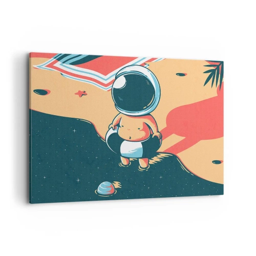 Obraz na płótnie - Zabawny astronauta na plaży z kosmicznymi elementami w tle - 100x70cm - Z innej perspektywy - Nowoczesna dekoracja ścienna do salonu, kuchni i sypialni ARTTOR